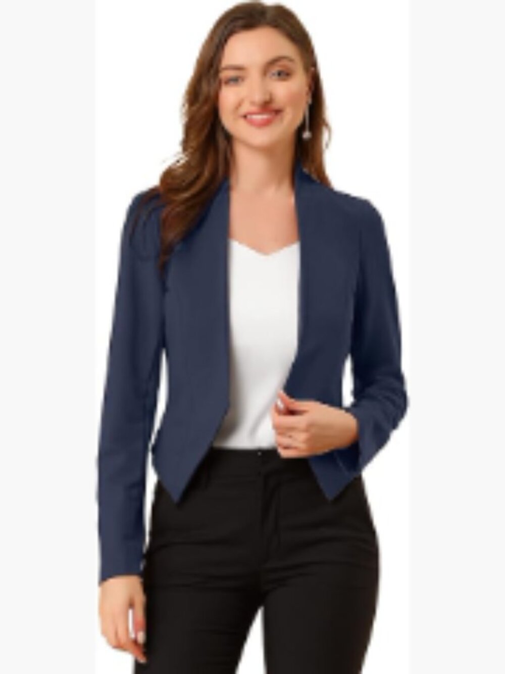 Collarless Cropped Blazer Business Casual Stretch Polyester Blend